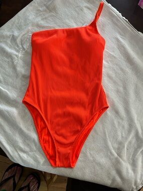 One-Shoulder Ribbed Women's Swimsuit in Bright Orange